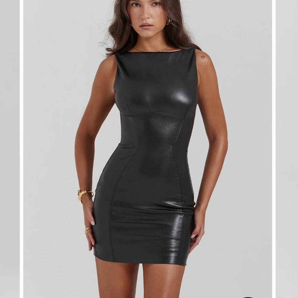Stretchy Faux Leather Black Mini Dress